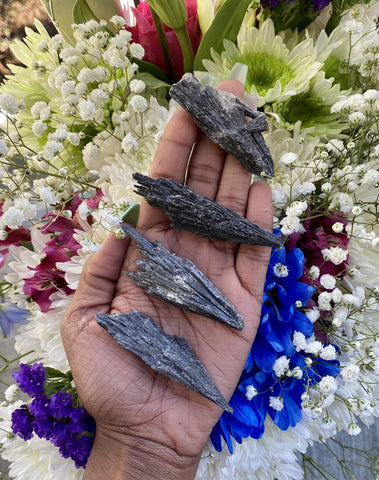 Black Kyanite is very protective. It protects from EMF and negative energies in our environments.   If you feel drained, depleted, or low on energy after being around another person or in a particular environment, Black Kyanite is what you need to break free.