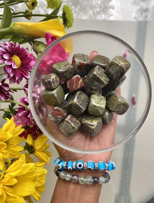 Bloodstone is known for moving energy. In doing so, it provides a boost of motivation and energy for those times we feel unmotivated. It springs us into action! Bloodstone is a grounding stone. It helps to harmonize our bodies and souls so that we may focus on the present moment. Shop tumbled Bloodstone. 