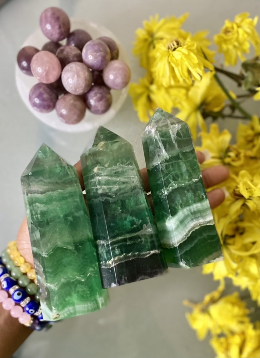 Fluorite is known to be a highly protective stone, especially on the psychic level. Fluorite helps you filter through negative energies, psychic vampires, and blocks psychic manipulation. Fluorite also cleanses, purifies, and heals the aura and physical body. Shop Green Fluorite Towers. 
