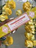 Incense help to calm and focus the mind during meditation. Incense smoke may also be used to cleanse crystals.  Listing is for one 15 gram box of Nag Champa Frankincense Incense Sticks. 