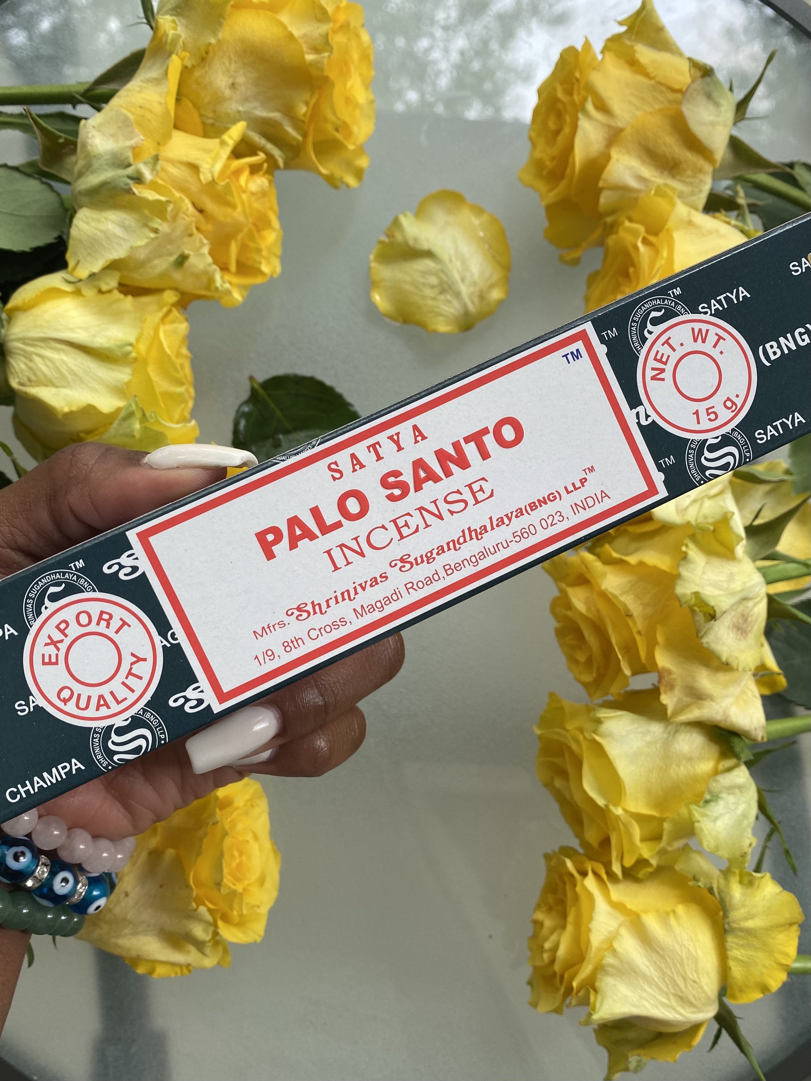 Incense (Agarbatti) help to calm and focus the mind during meditation. Incense smoke may also be used to cleanse crystals. Listing is for one box of Nag Champa Palo Santo Incense Sticks.
