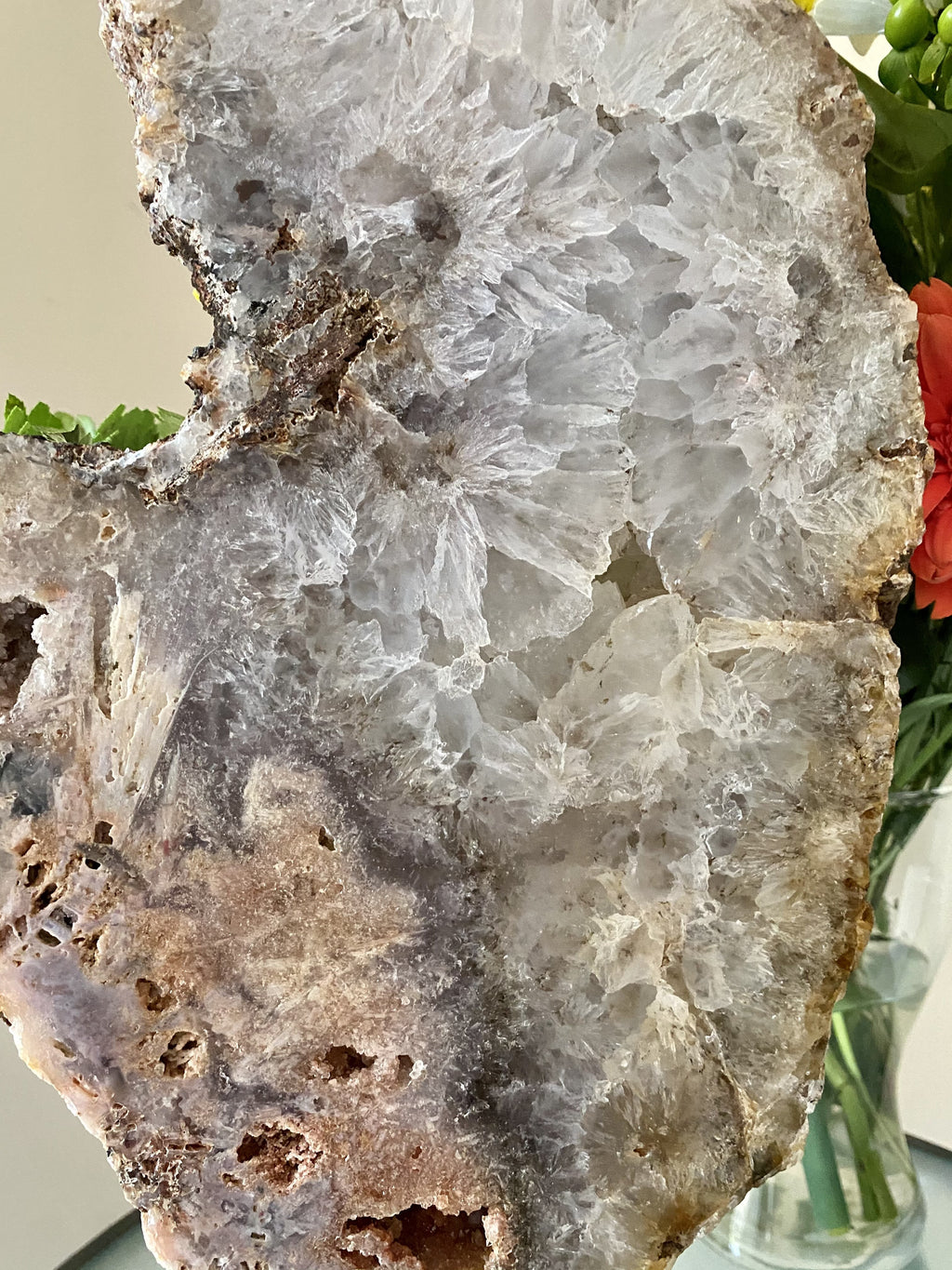 Pink Amethyst has soothing energy that promotes self-love. ink Amethyst helps to open up our heart chakras to love. Nine pound Pink Amethyst Specimen pictured.