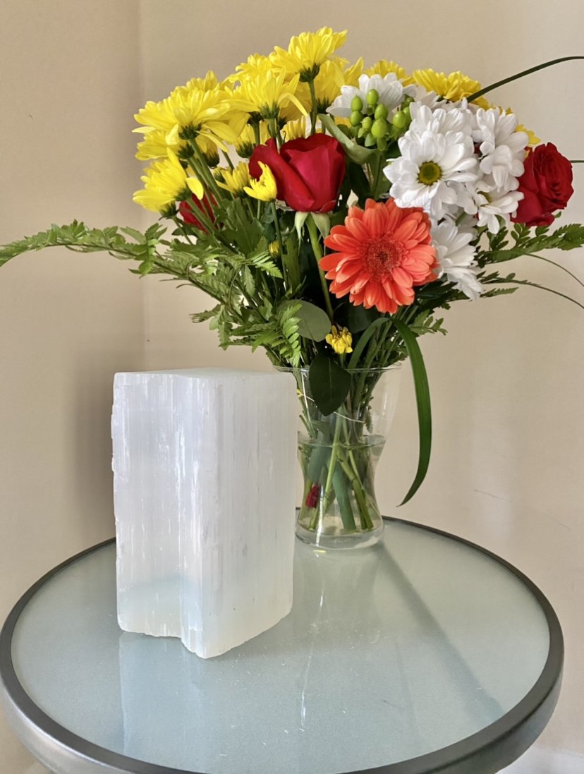 Selenite is a powerful cleansing and protective stone. Selenite cleanses other crystals, our auras, and our environments. Large Selenite (Satin Spar) log pictured.