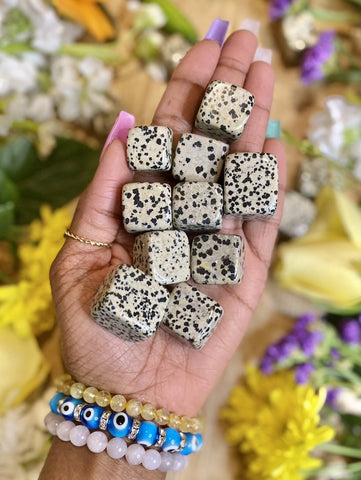 Dalmatian Jasper nurtures the joys of our inner child. This is a "feel good" stone. It makes us carefree, helping us to release grudges and shed desires for revenge. Cubed Dalmatian Jasper pictured.
